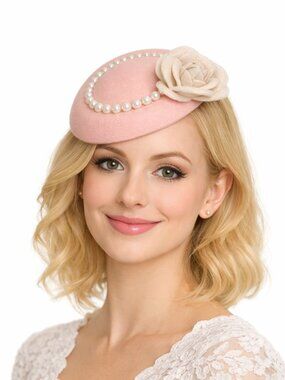 Elegant Blush Pearl-Trimmed Felt Fascinator Hat with White Flower